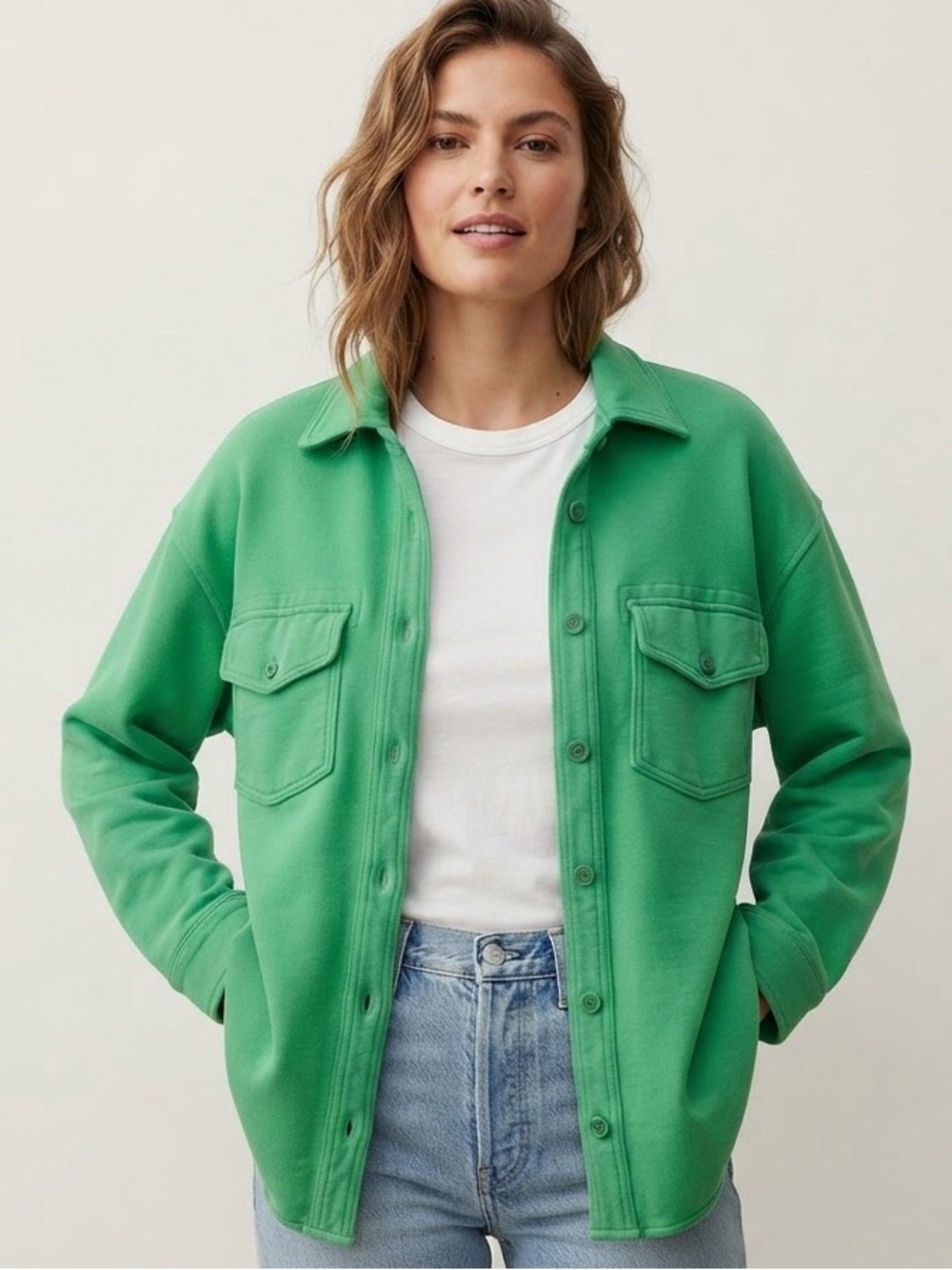 Aritzia Wilfred Free Sz M Terry Fleece Green Button Front Relaxed Shacket